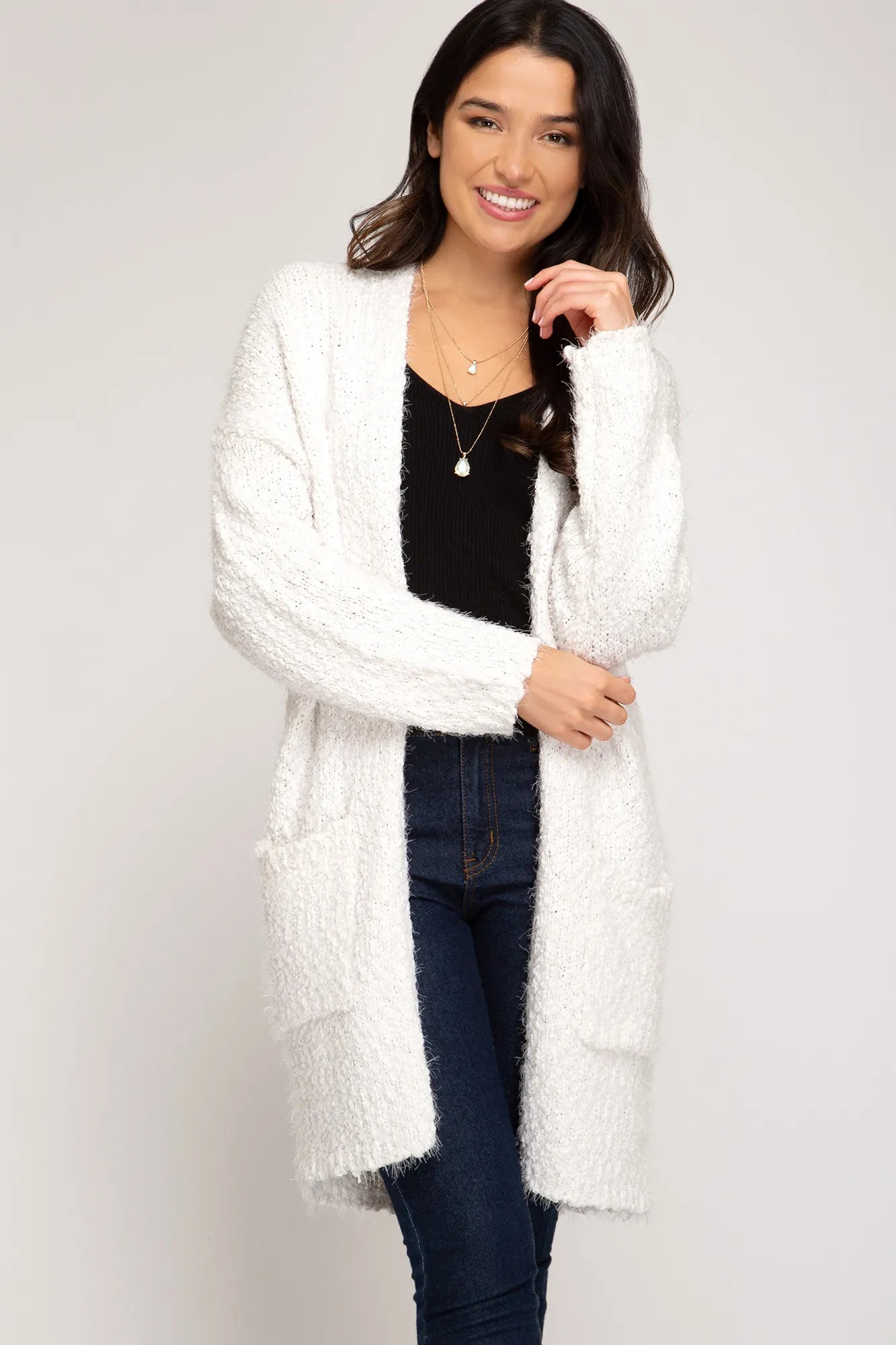 Long sleeve fuzzy knit open front cardigan with pockets Ivy and Pearl Boutique Cream