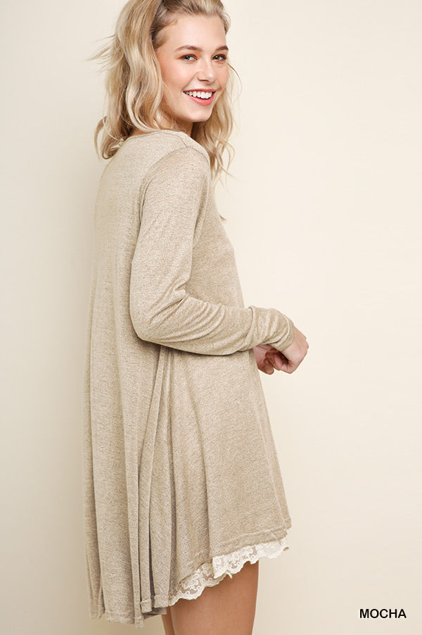 Umgee Long Sleeve Knit Dress with a Floral Lace Hem Ivy and Pearl Boutique