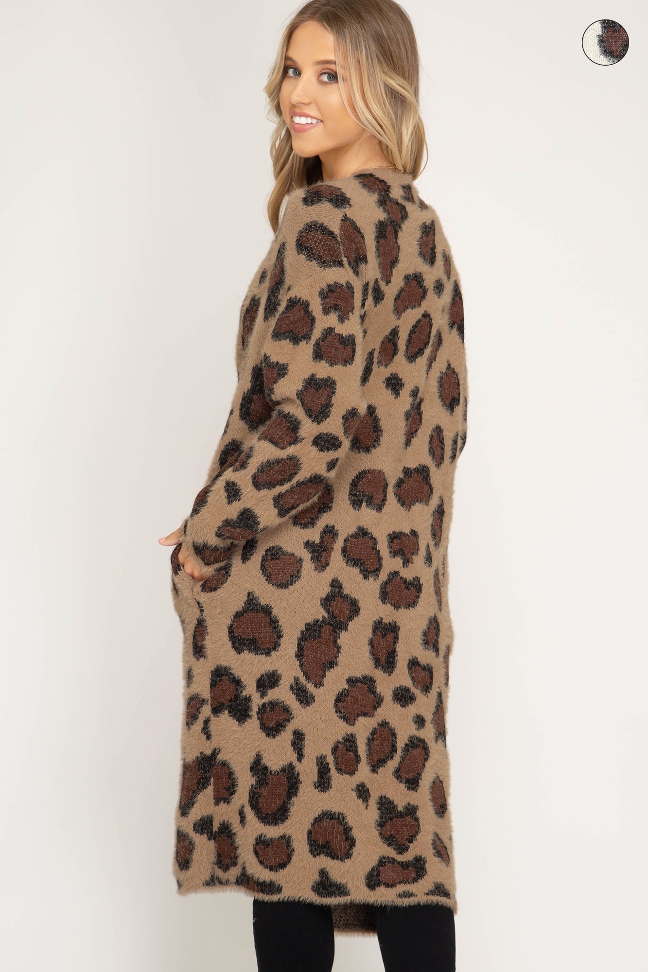 Long sleeve leopard fuzzy front open long cardigan Ivy and Pearl Boutique