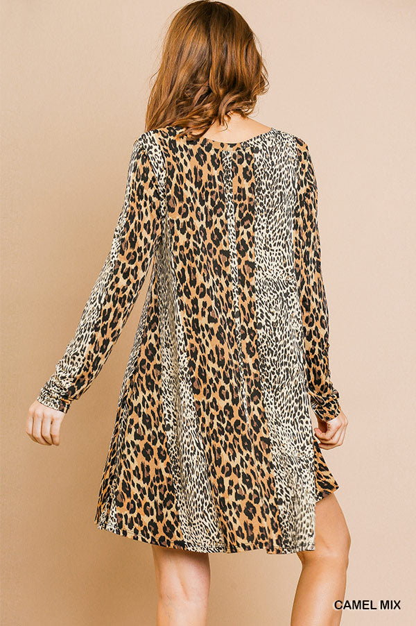 Long sleeve mixed animal print round neck dress Ivy and Pearl Boutique
