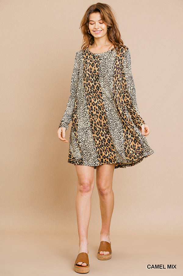 Long sleeve mixed animal print round neck dress Ivy and Pearl Boutique