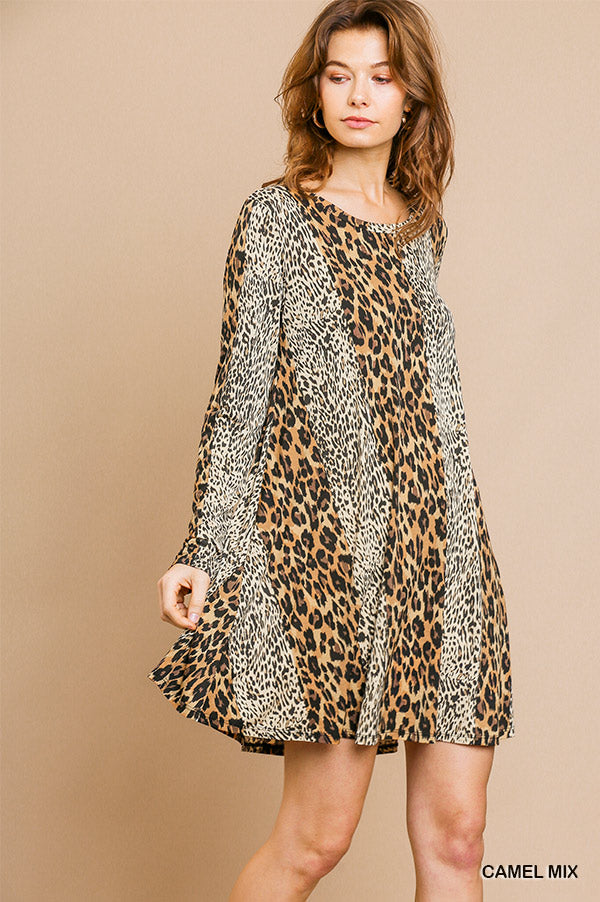 Long sleeve mixed animal print round neck dress Ivy and Pearl Boutique Camel S
