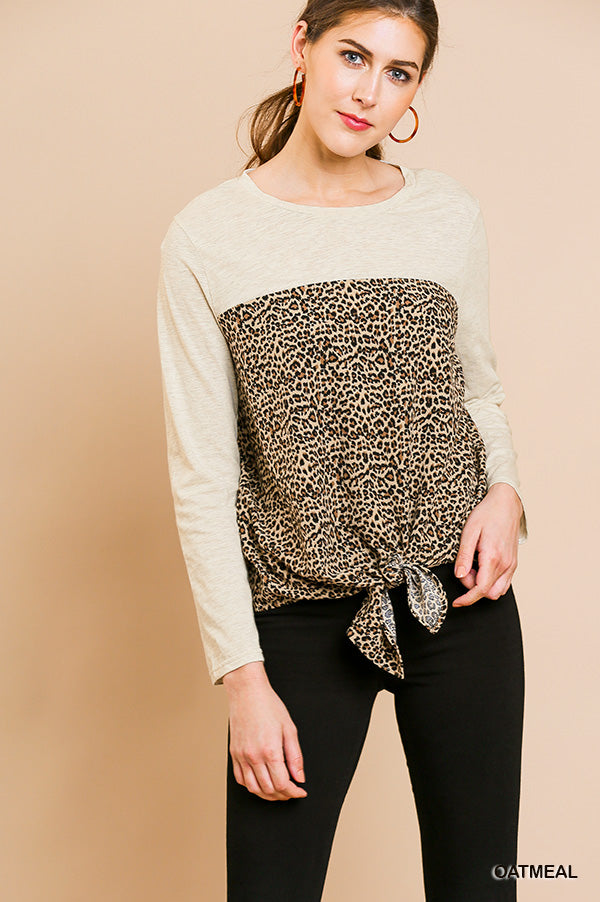 Umgee Long Sleeve Round Neck Animal Print Top with Front Tie Ivy and Pearl Boutique Oat S
