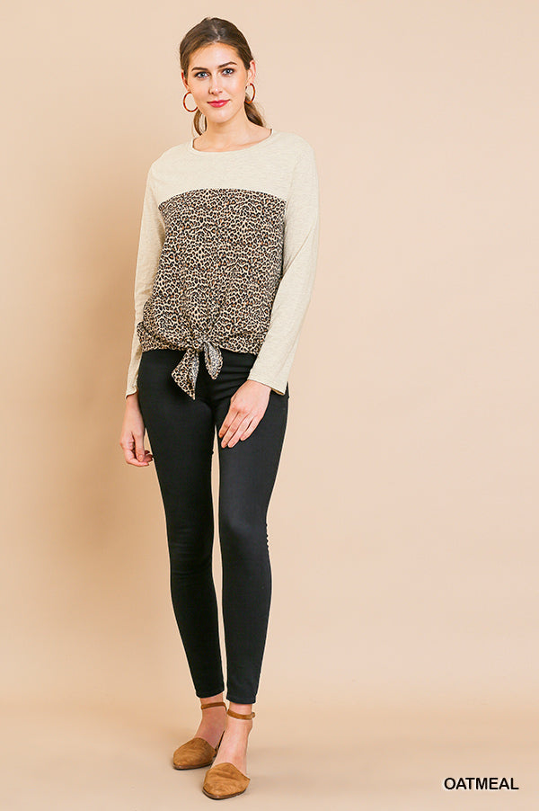 Umgee Long Sleeve Round Neck Animal Print Top with Front Tie Ivy and Pearl Boutique