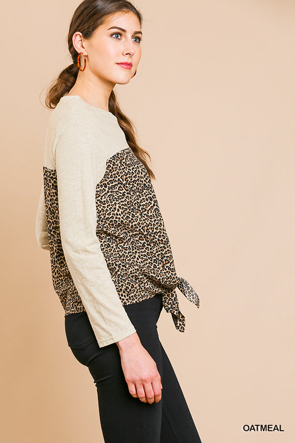 Umgee Long Sleeve Round Neck Animal Print Top with Front Tie Ivy and Pearl Boutique