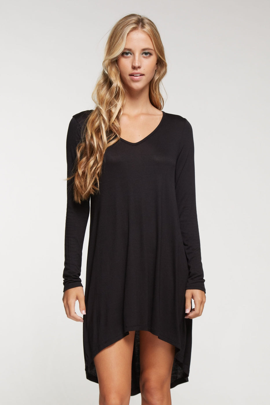 Long sleeve solid knit dress with hi-low bottom hem Ivy and Pearl Boutique Black S