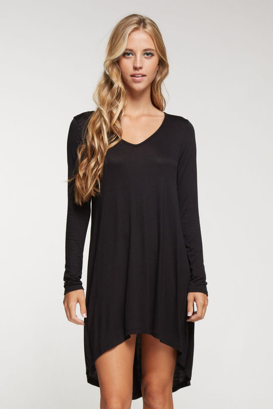 Long sleeve solid knit dress with hi-low bottom hem  Ivy and Pearl Boutique Black S 