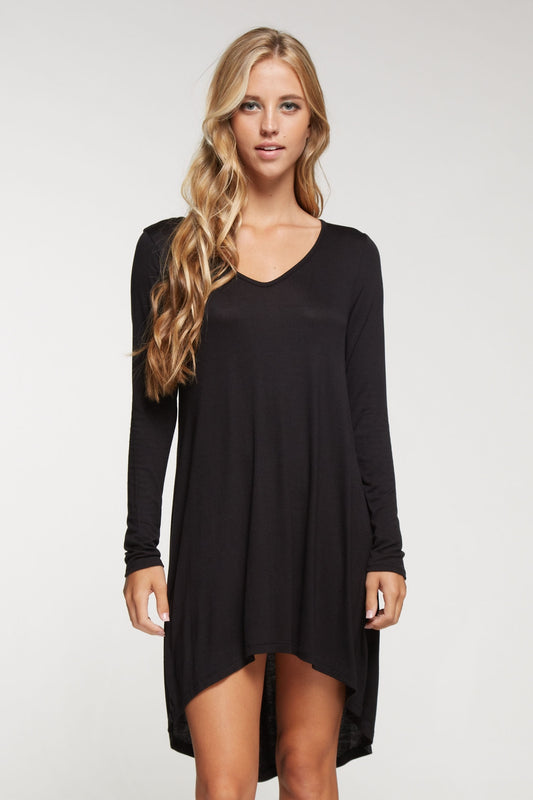 Long sleeve solid knit dress with hi-low bottom hem  Ivy and Pearl Boutique Black S
