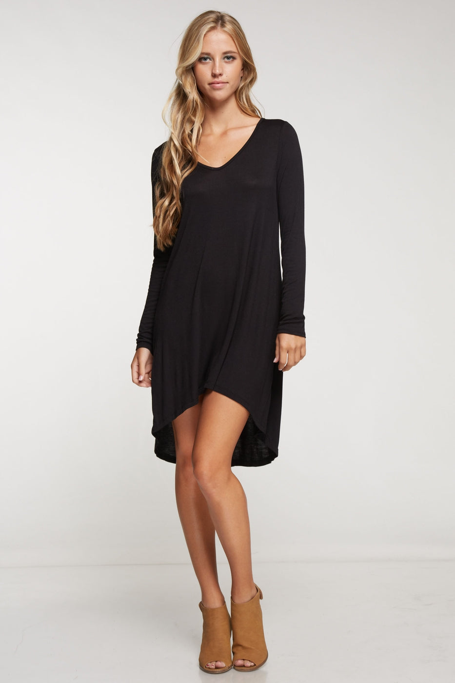 Long sleeve solid knit dress with hi-low bottom hem Ivy and Pearl Boutique