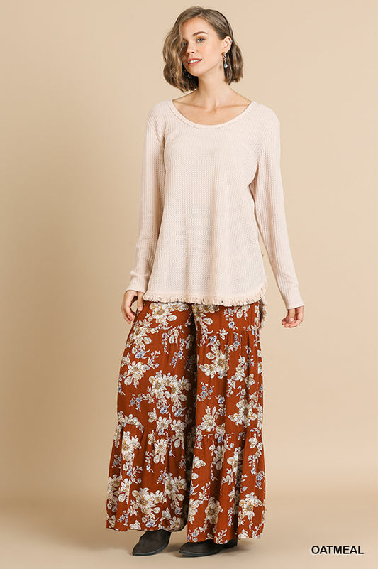 Long Sleeve Waffle Knit Round Neck Top with High Low Frayed Scoop Hem and Frayed Back Detail  Ivy and Pearl Boutique Oat S