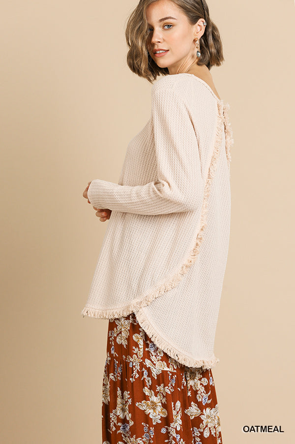 Long Sleeve Waffle Knit Round Neck Top with High Low Frayed Scoop Hem and Frayed Back Detail Ivy and Pearl Boutique