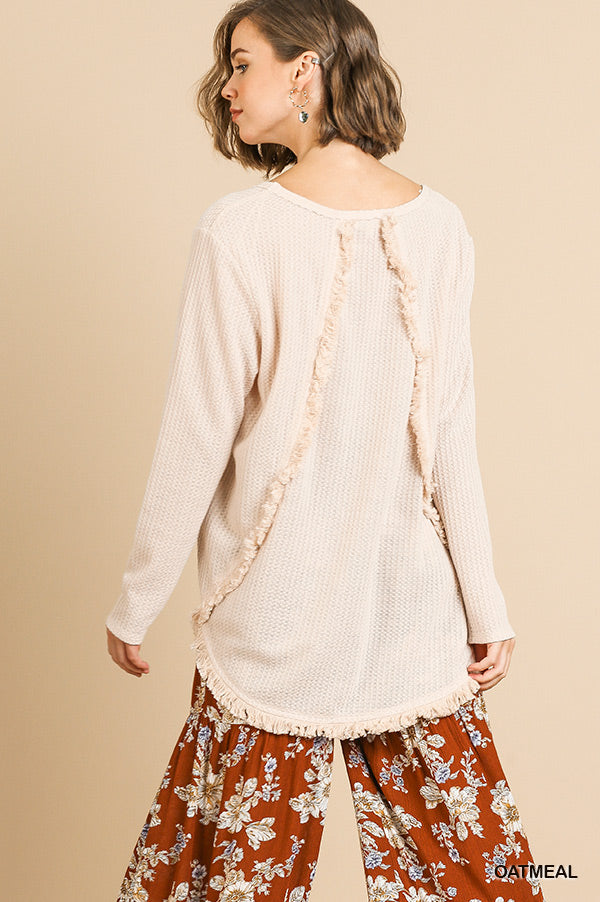Long Sleeve Waffle Knit Round Neck Top with High Low Frayed Scoop Hem and Frayed Back Detail Ivy and Pearl Boutique