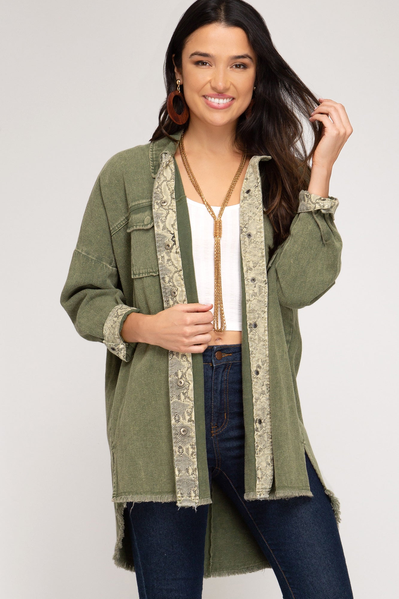 Long sleeve washed twill woven midi shirt jacket with snakeskin print Ivy and Pearl Boutique Olive S