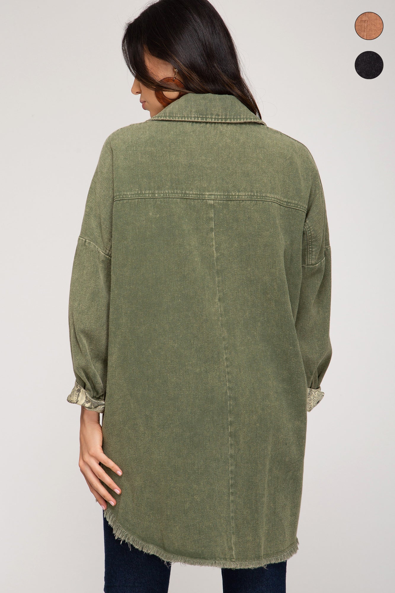 Long sleeve washed twill woven midi shirt jacket with snakeskin print Ivy and Pearl Boutique