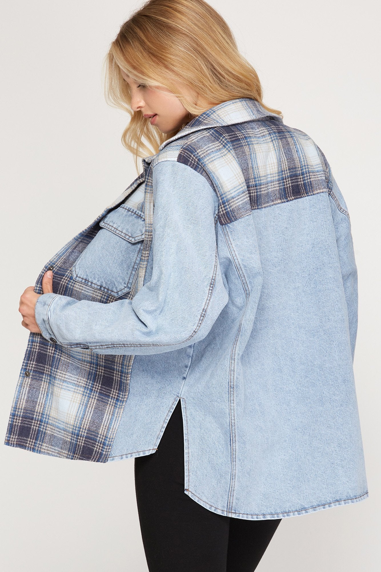 Long sleeve woven plaid and denim mixed jacket Ivy and Pearl Boutique