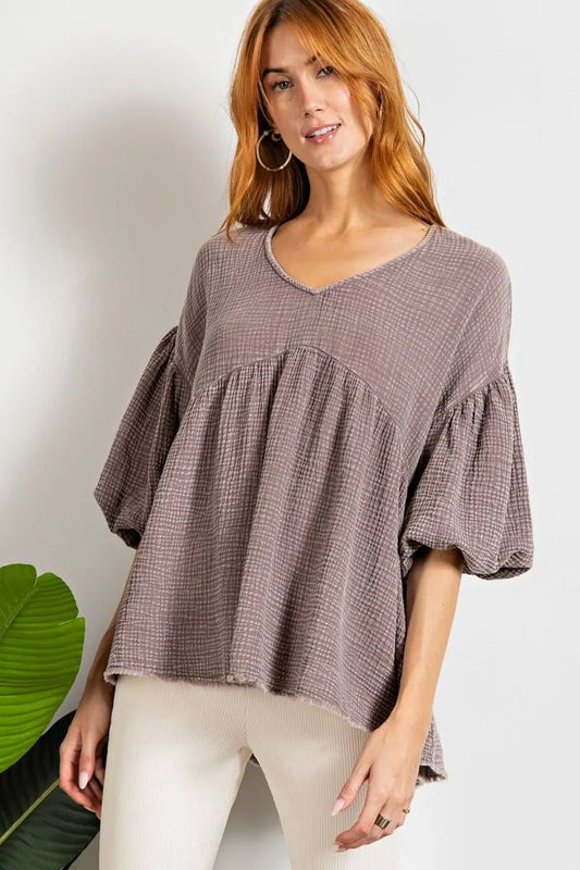 Loose fit babydoll ruffled top  Ivy and Pearl Boutique Mushroom S