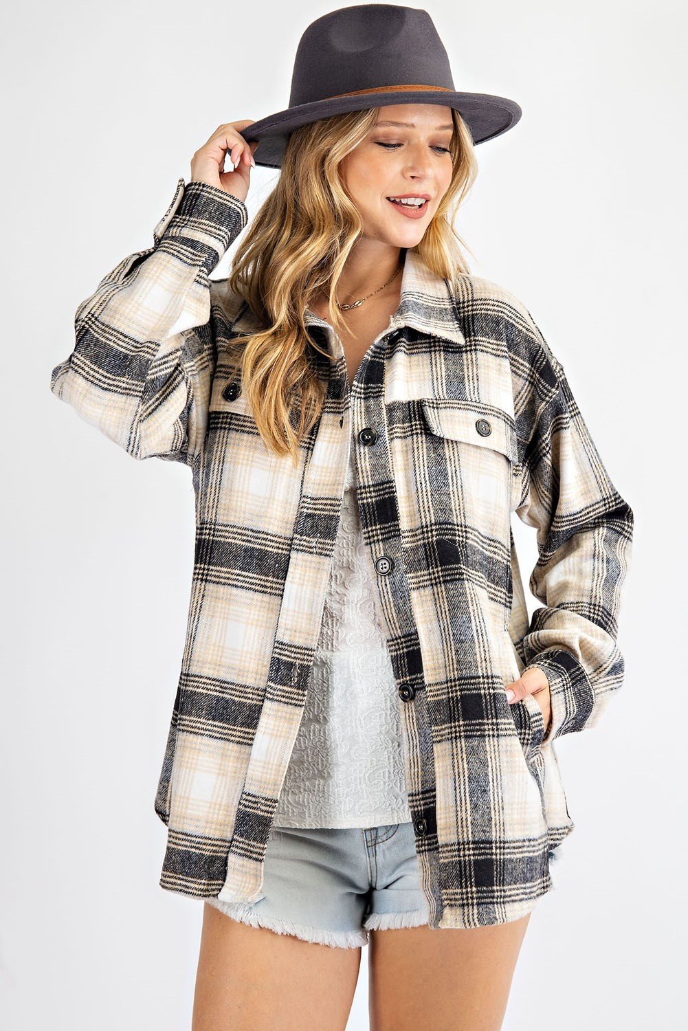 Loose fit plaid print shirt jacket (shacket) Ivy and Pearl Boutique Taupe S