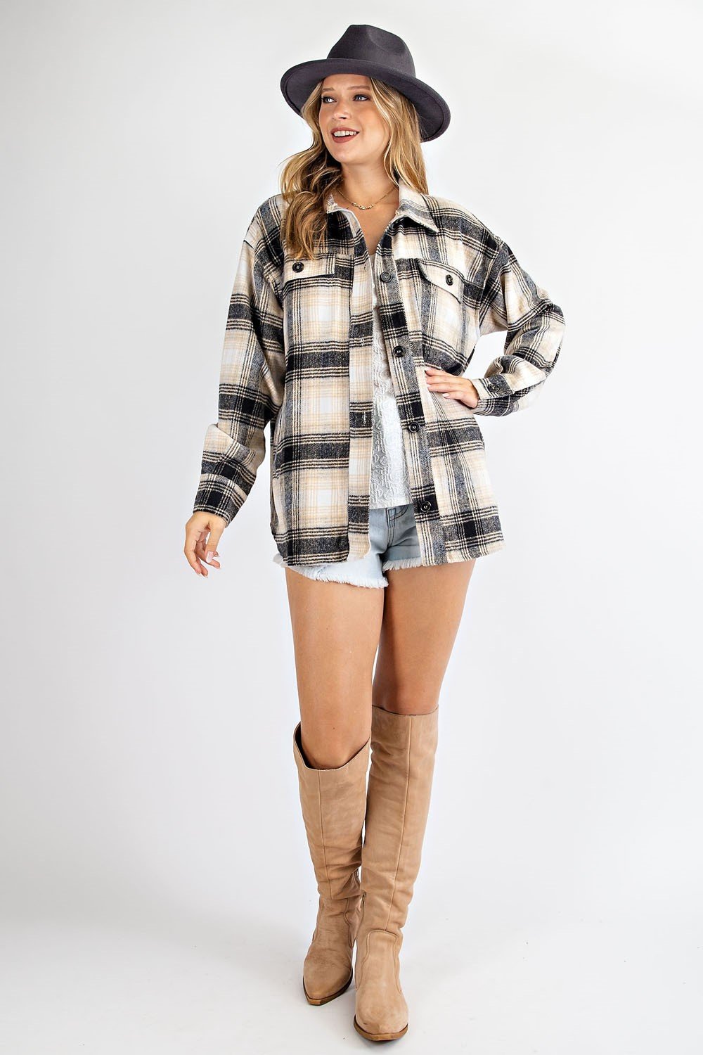 Loose fit plaid print shirt jacket (shacket) Ivy and Pearl Boutique
