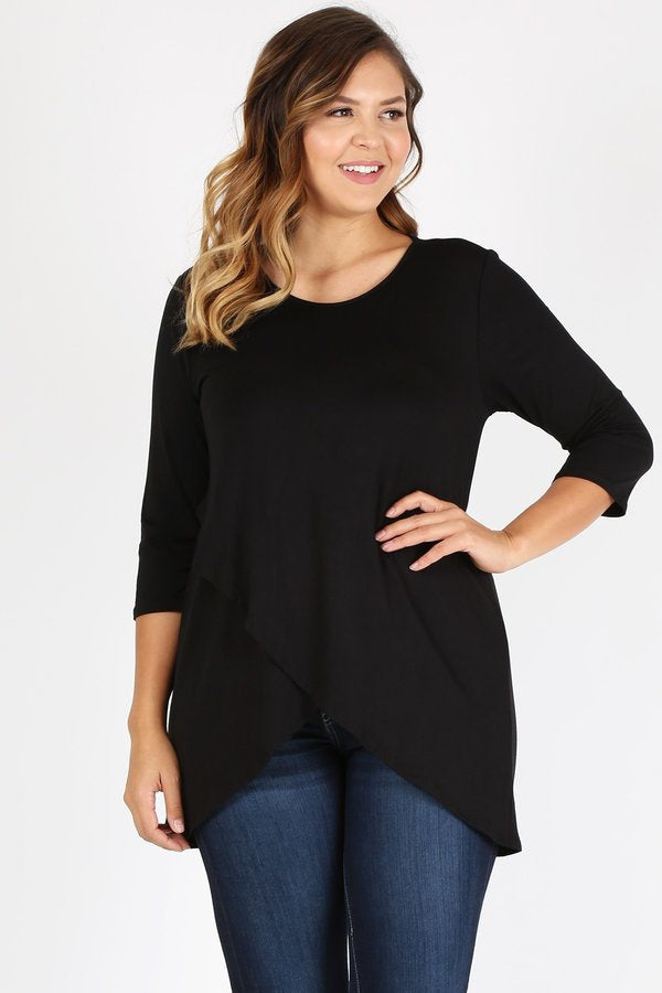 Loose fit three quarter sleeve solid tunic top with waist length overlap hem Ivy and Pearl Boutique