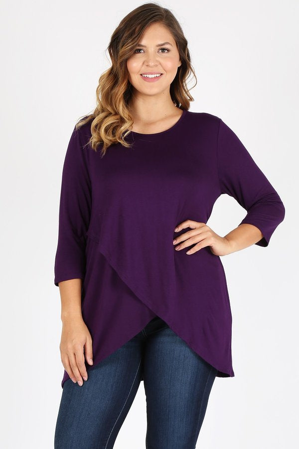 Loose fit three quarter sleeve solid tunic top with waist length overlap hem Ivy and Pearl Boutique Black 1XL