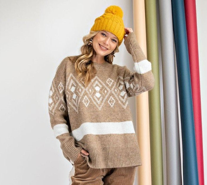 Loose fit tribal pattern sweater Ivy and Pearl Boutique Khaki S
