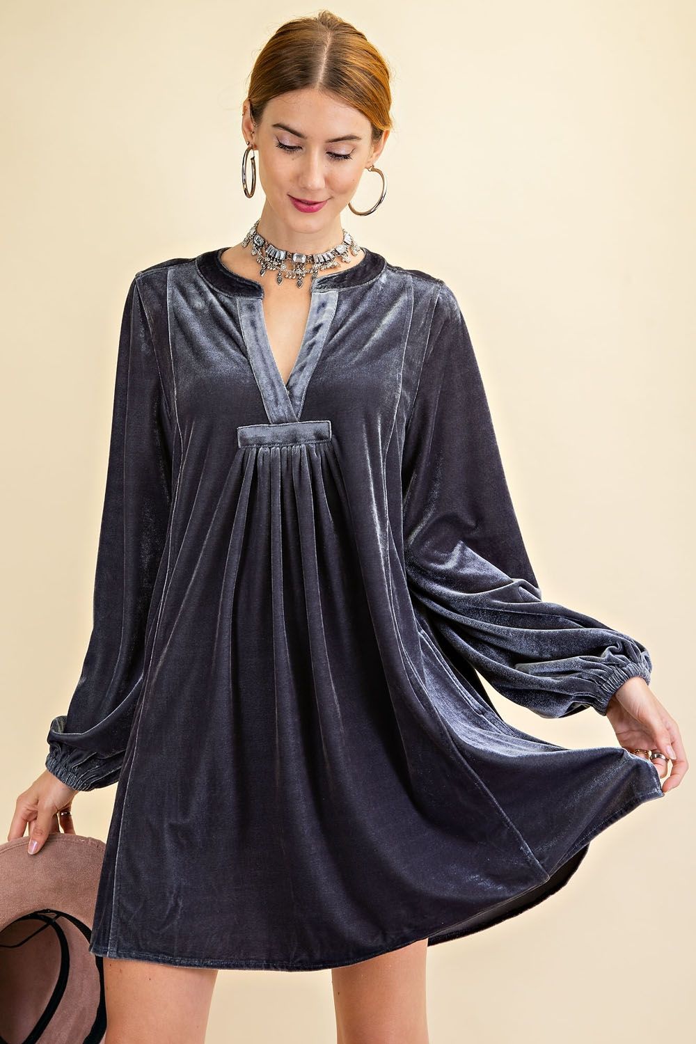 Loose fit soft velvet tunic dress with pockets  Ivy and Pearl Boutique Blue Gray S