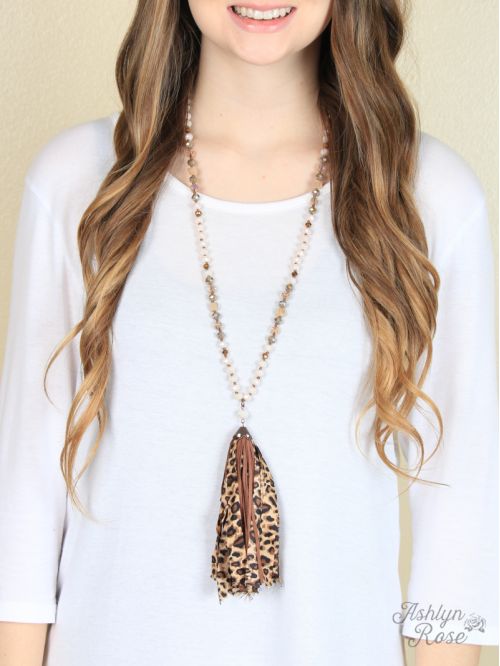 Leopard and Brown Tassel Necklace Ivy and Pearl Boutique