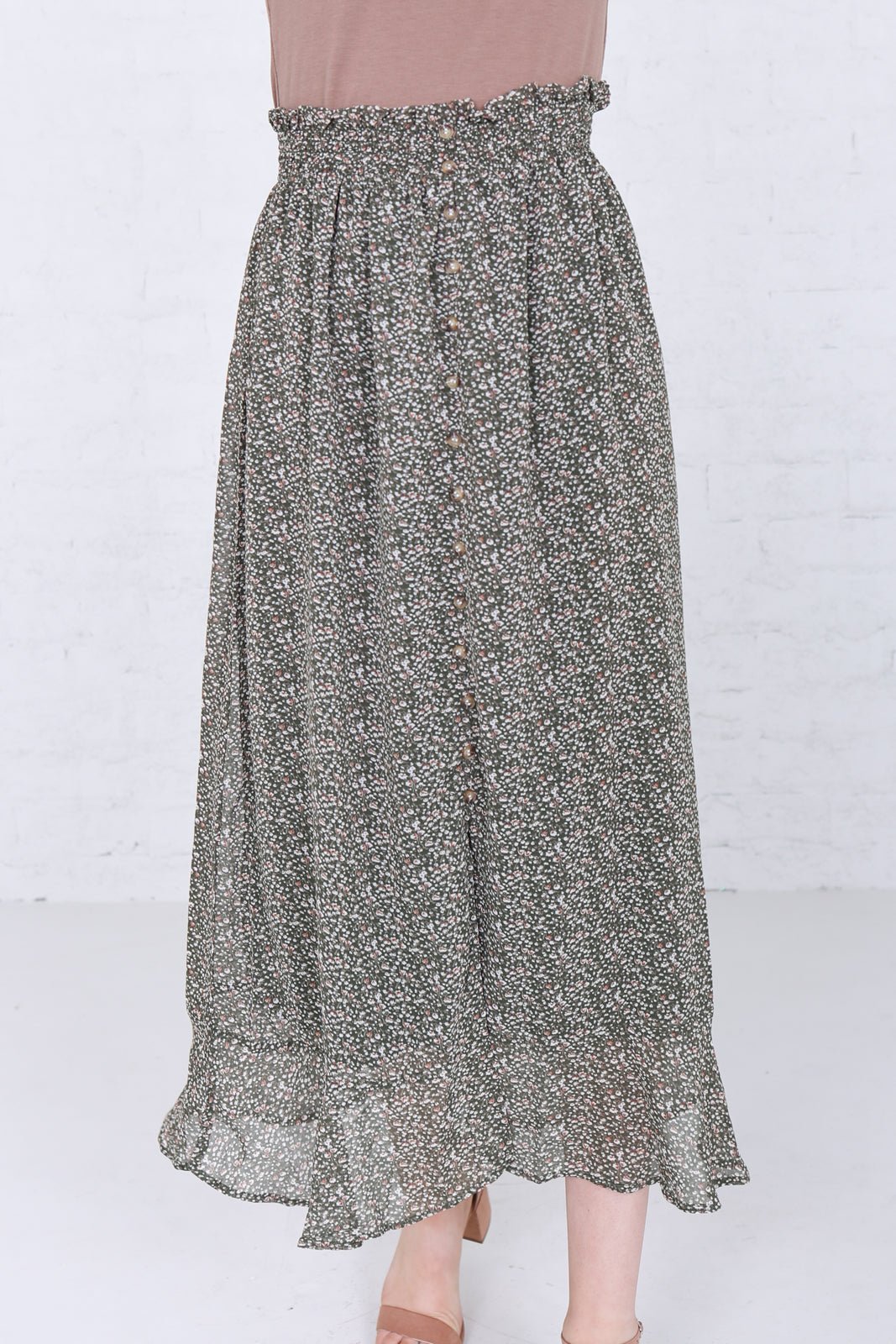 Maxi Button Front Skirt in Four Leaf Clover Ivy and Pearl Boutique