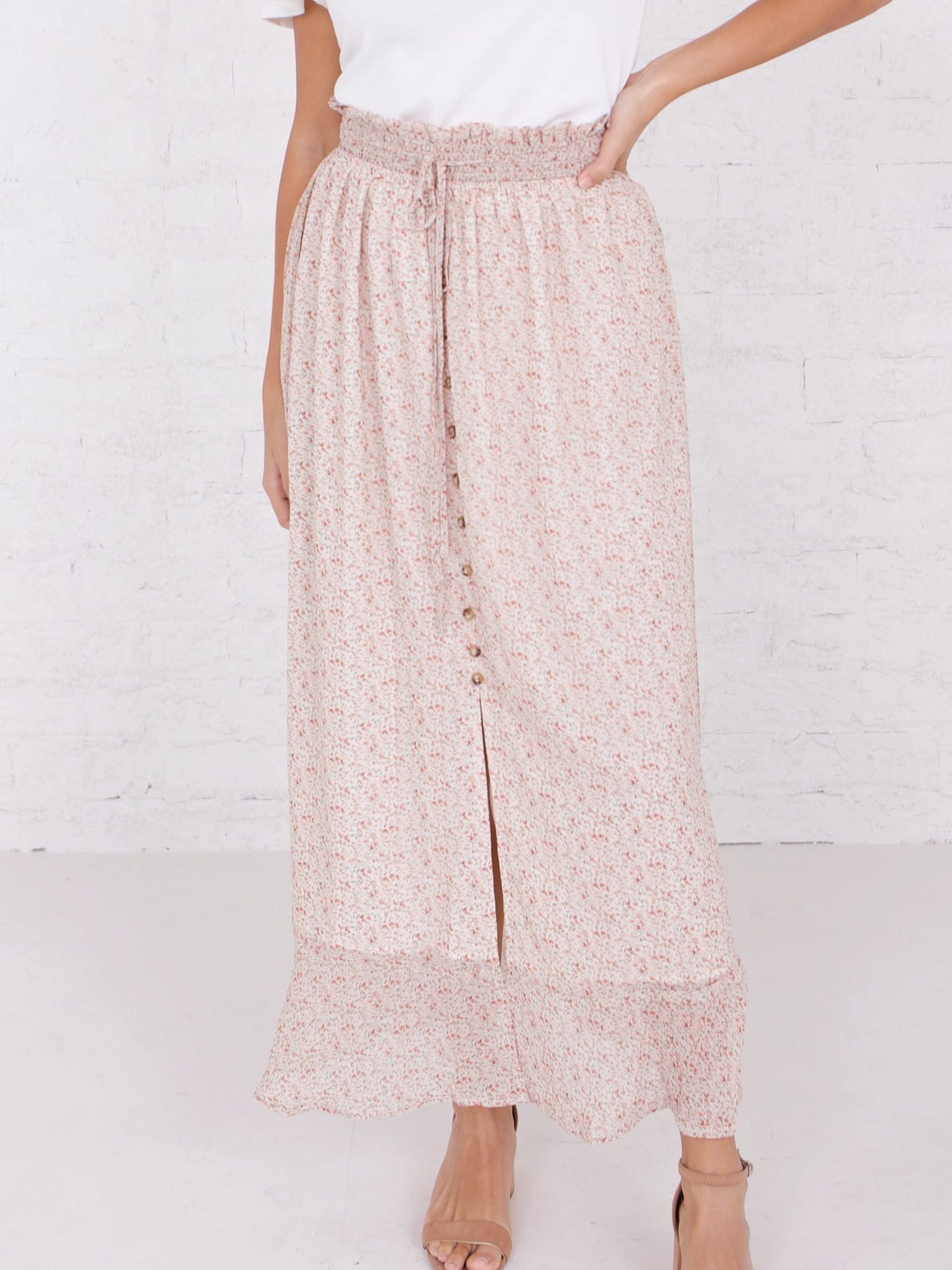 Maxi Button Front Skirt in Wild Desert Flower Ivy and Pearl Boutique Pink M