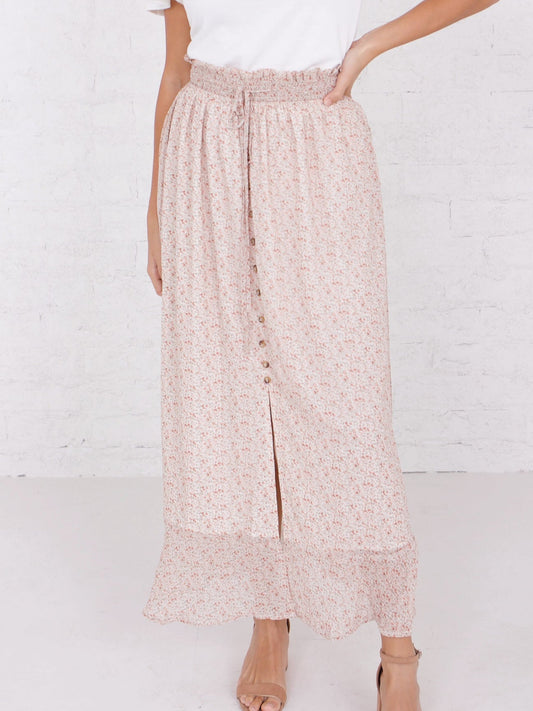Maxi Button Front Skirt in Wild Desert Flower  Ivy and Pearl Boutique Pink M