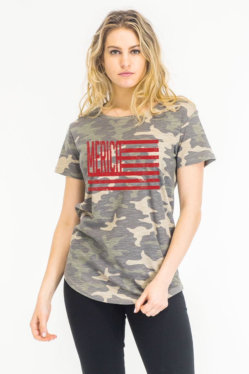 Merica flag on cammo print soft-slub texture washed fit T-shirt Ivy and Pearl Boutique Red S