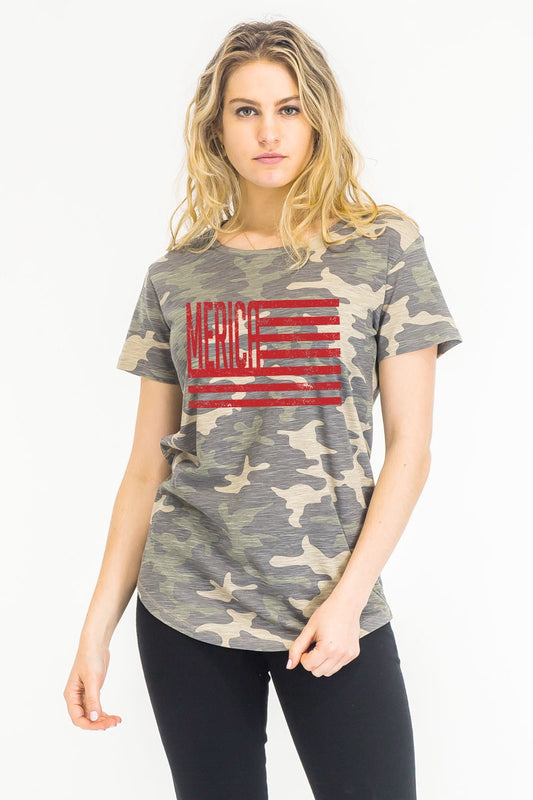 Merica flag on cammo print soft-slub texture washed fit T-shirt  Ivy and Pearl Boutique Red S 