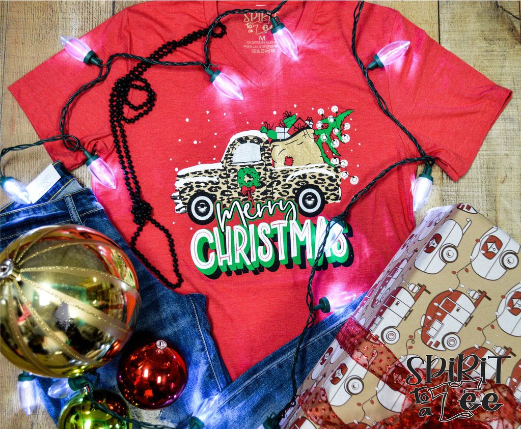 Merry Christmas Truck on Bella+Canvas V-Neck Tee Ivy and Pearl Boutique