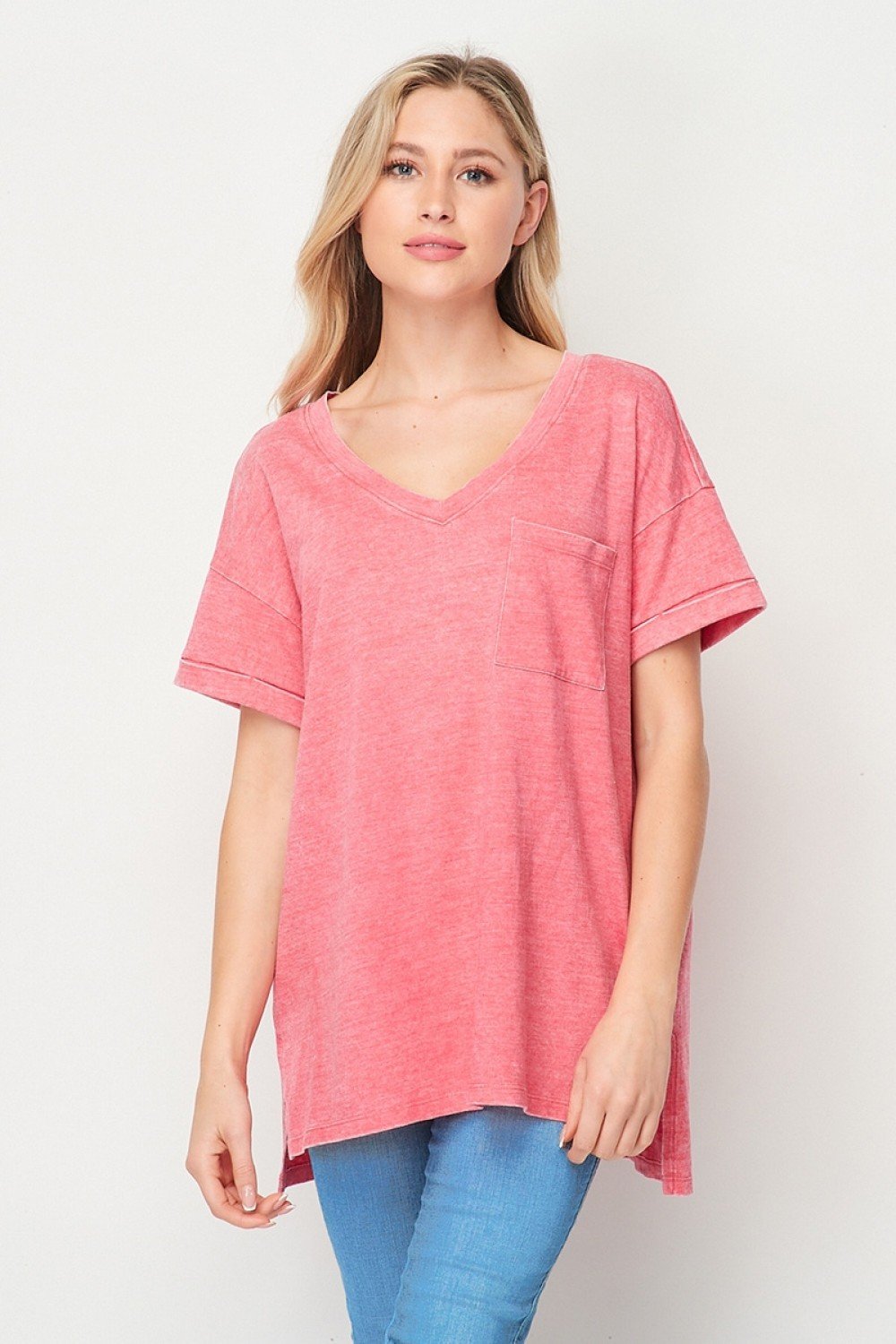 Mineral Wash Cuffed Sleeve Pocket Top Ivy and Pearl Boutique Coral S
