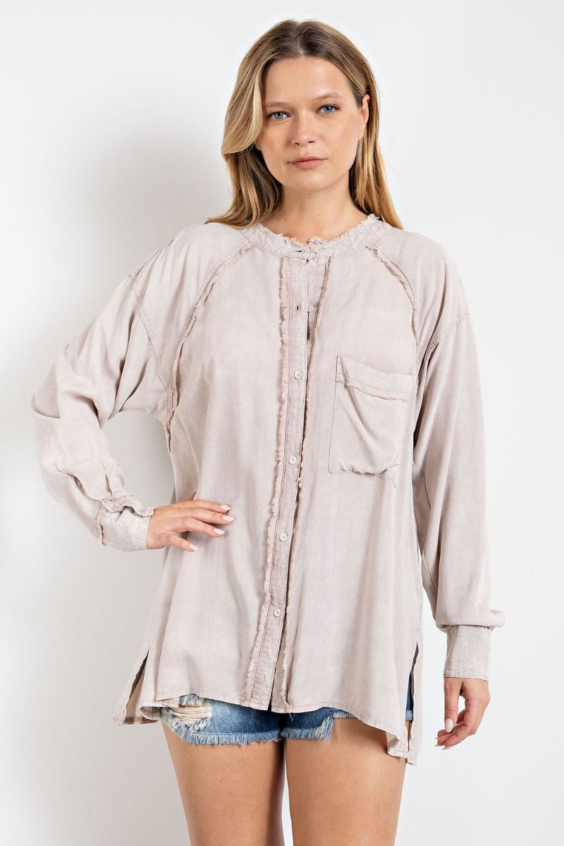 Mineral washed tunic shirt with chest patch pocket and double-buttoned cuffs Ivy and Pearl Boutique Mushroom S