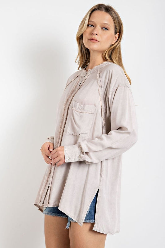 Mineral washed tunic shirt with chest patch pocket and double-buttoned cuffs  Ivy and Pearl Boutique