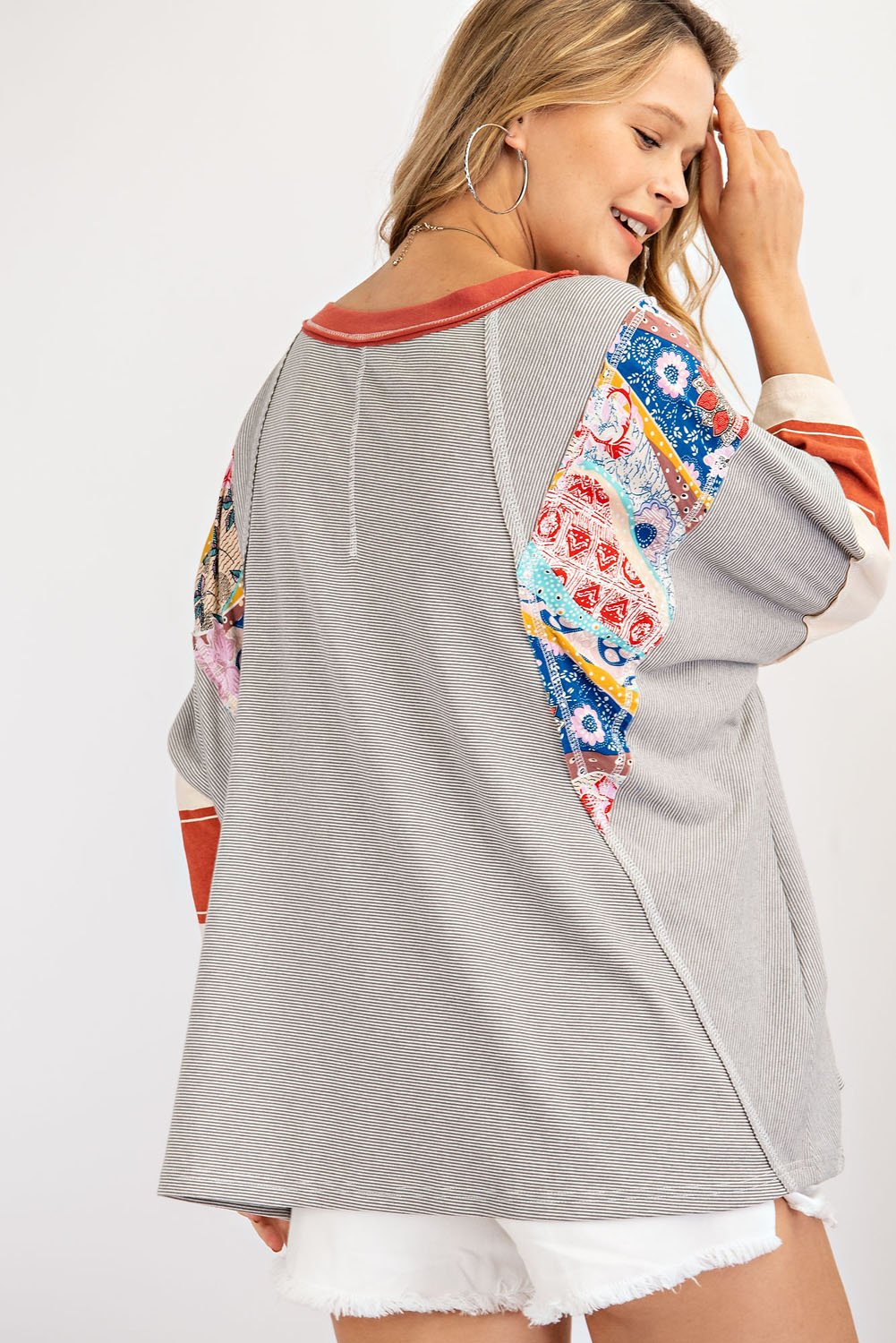 Mix and Match Stripe Tee - Pin stripe mix-print loose fit knit top Ivy and Pearl Boutique