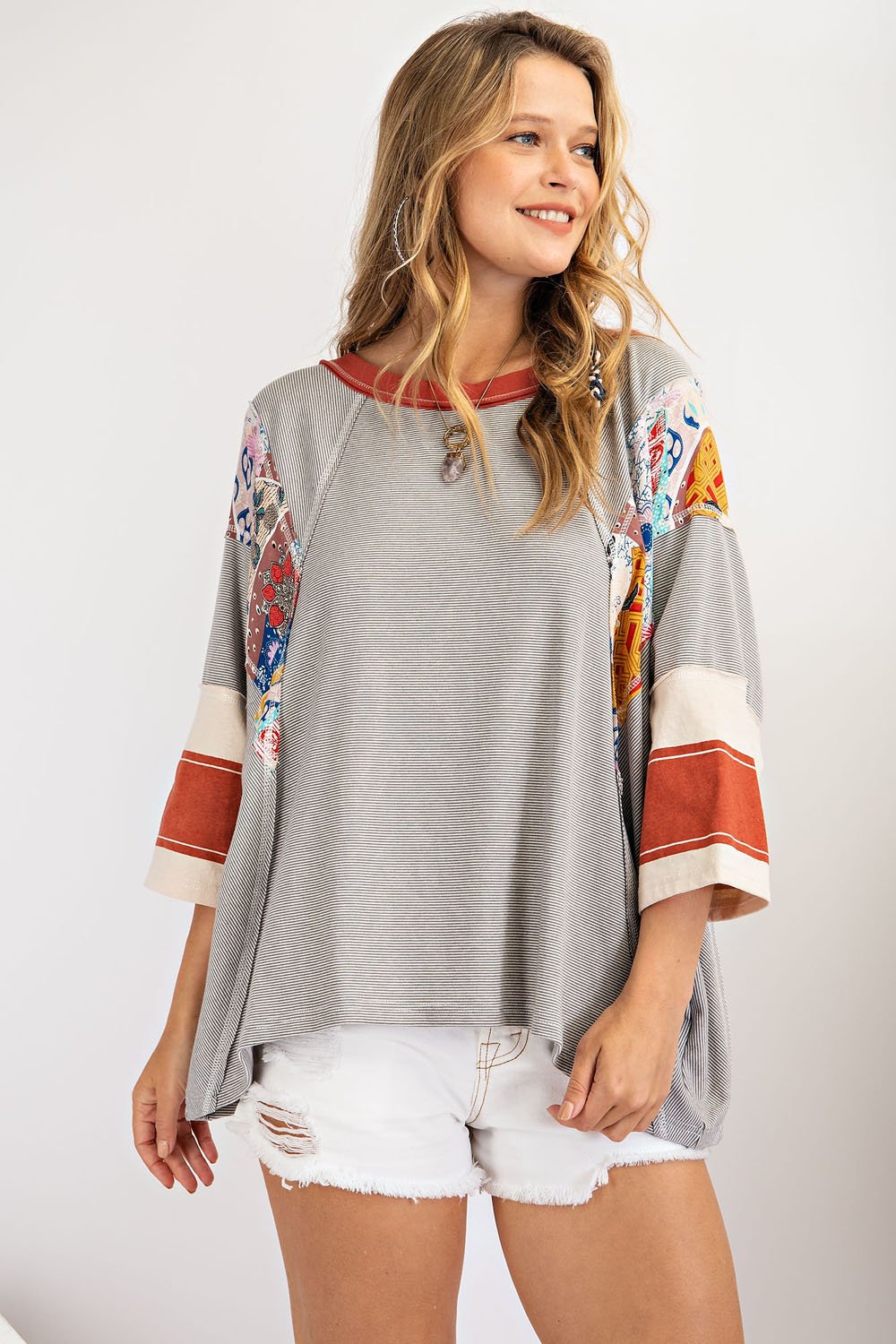 Mix and Match Stripe Tee - Pin stripe mix-print loose fit knit top Ivy and Pearl Boutique Heather Gray S