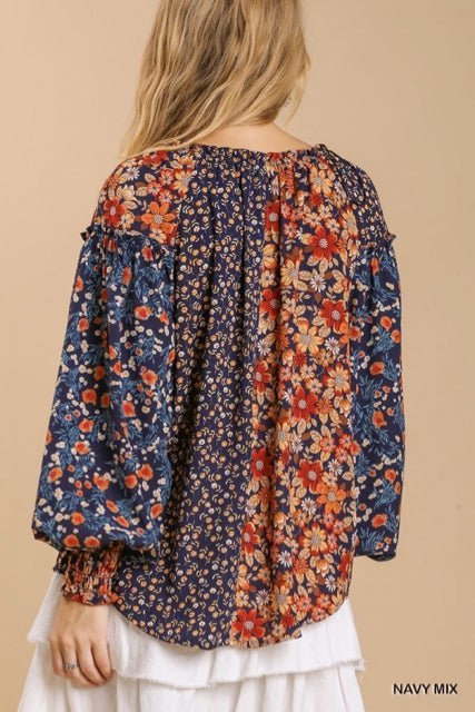 Umgee mixed Flower Print Split Neck Top with High Low Hem and No Lining Ivy and Pearl Boutique