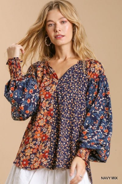 Umgee mixed Flower Print Split Neck Top with High Low Hem and No Lining Ivy and Pearl Boutique Navy S
