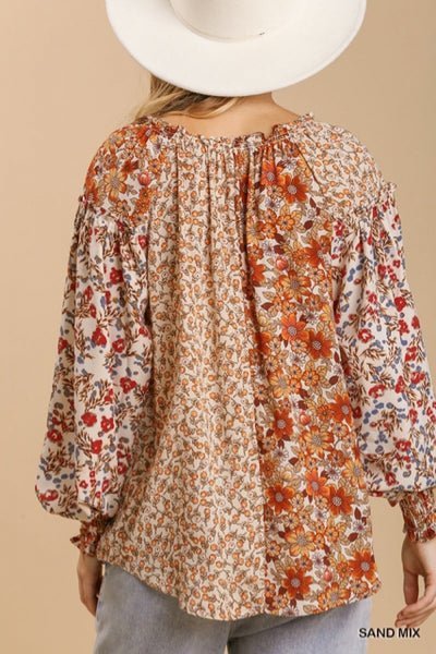 Umgee mixed Flower Print Split Neck Top with High Low Hem and No Lining Ivy and Pearl Boutique