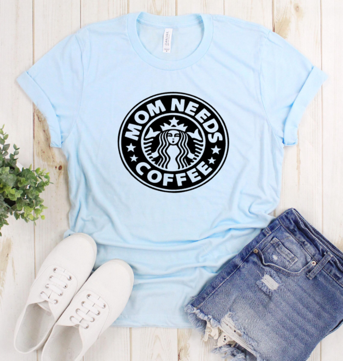 Mom Needs Coffee T-shirt on Soft, Hi-Quality Bella Canvas Tee - Light Blue Ivy and Pearl Boutique S