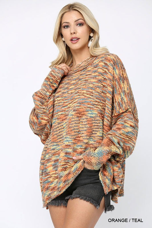 Multi Color and Loose Fit Round Neck Sweater  Ivy and Pearl Boutique Orange S