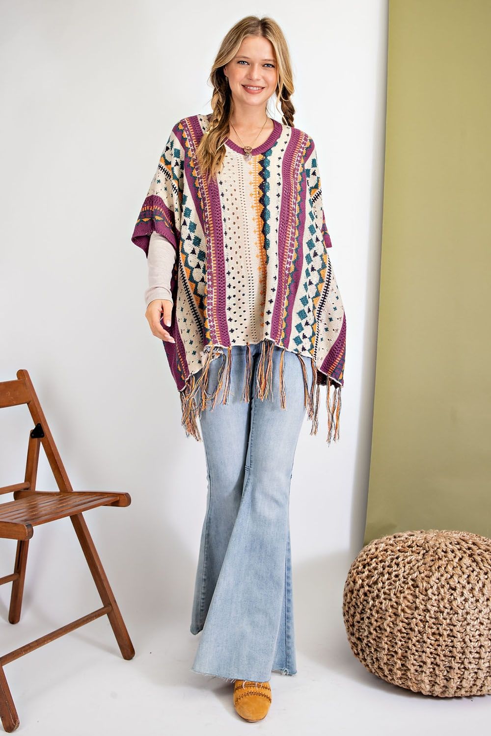 Been a while multi-color Knitted Poncho Sweater Ivy and Pearl Boutique