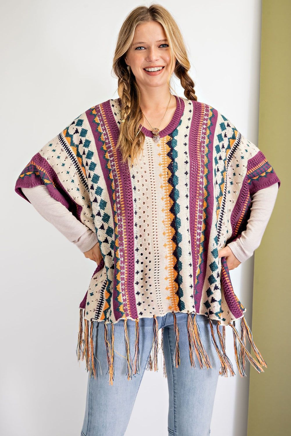 Been a while multi-color Knitted Poncho Sweater Ivy and Pearl Boutique