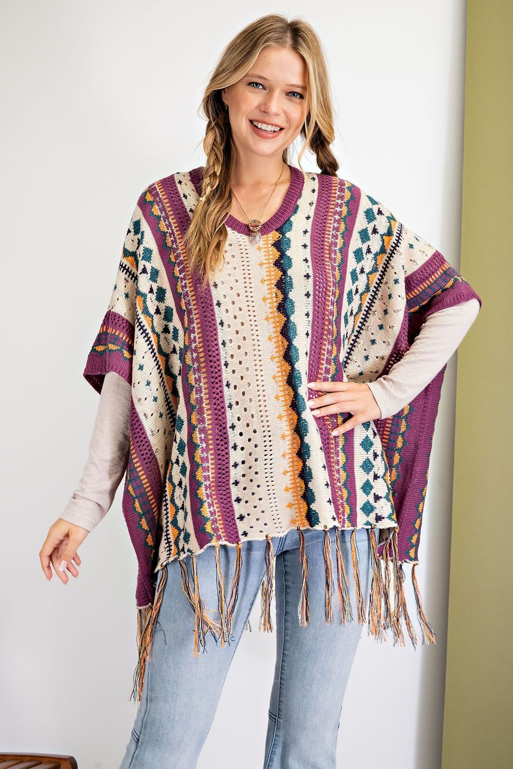 Been a while multi-color Knitted Poncho Sweater Ivy and Pearl Boutique Plum S