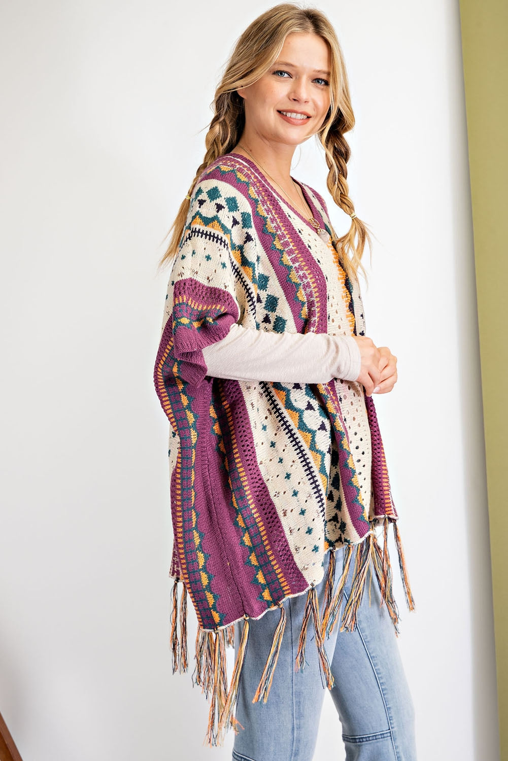 Been a while multi-color Knitted Poncho Sweater Ivy and Pearl Boutique
