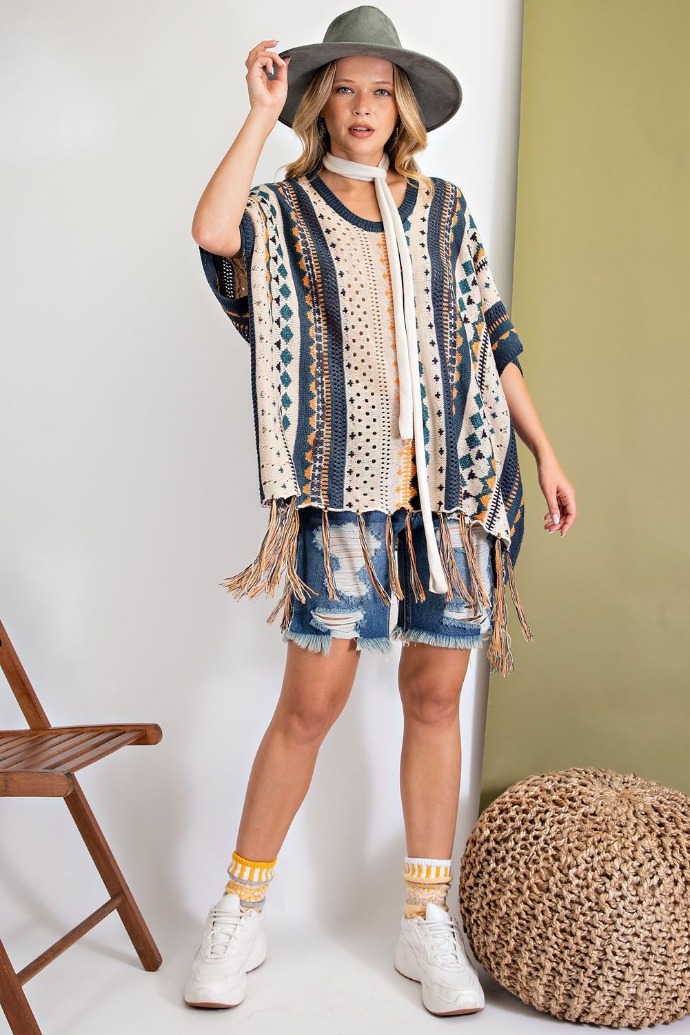 Been a while multi-color Knitted Poncho Sweater Ivy and Pearl Boutique