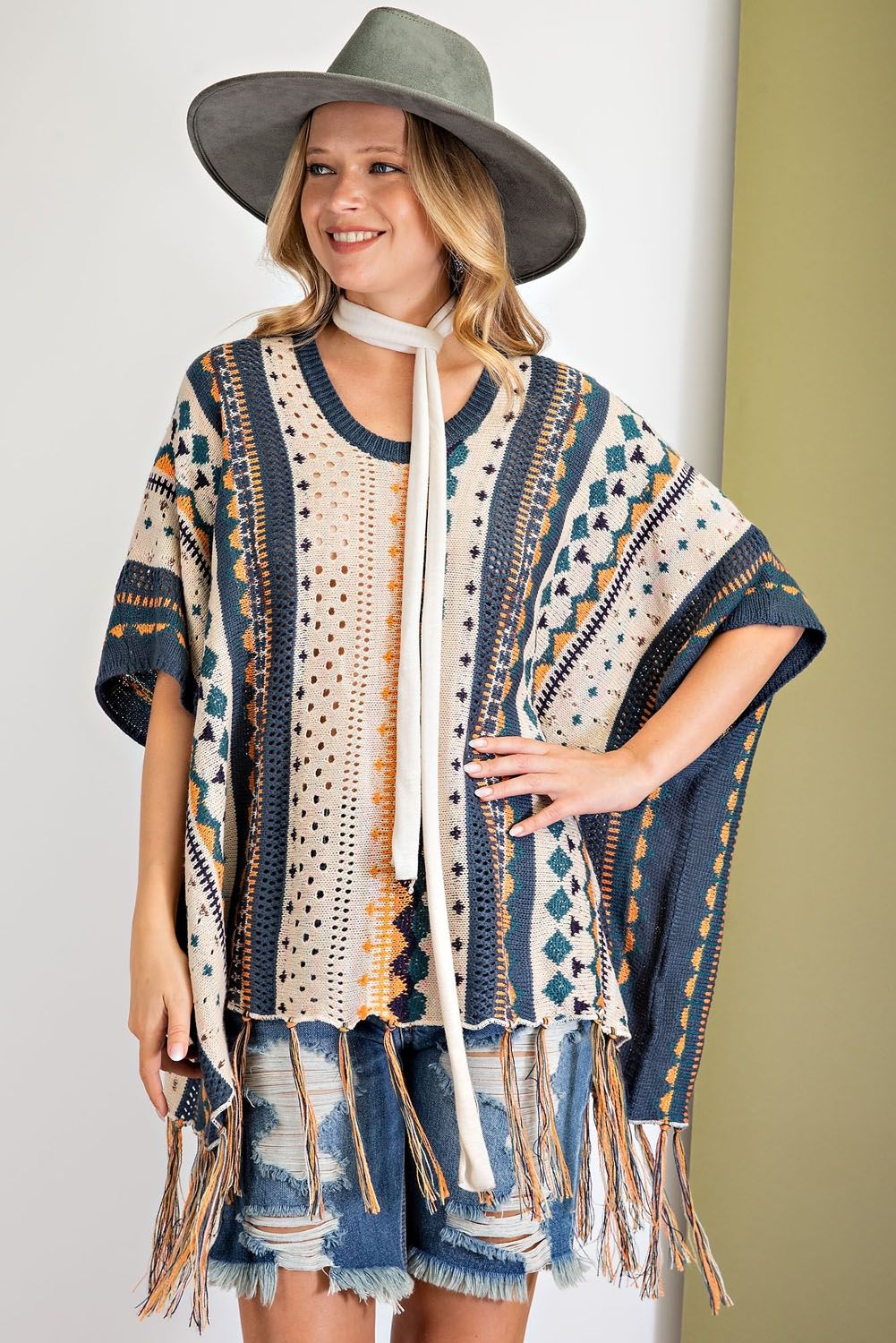 Been a while multi-color Knitted Poncho Sweater Ivy and Pearl Boutique Teal S