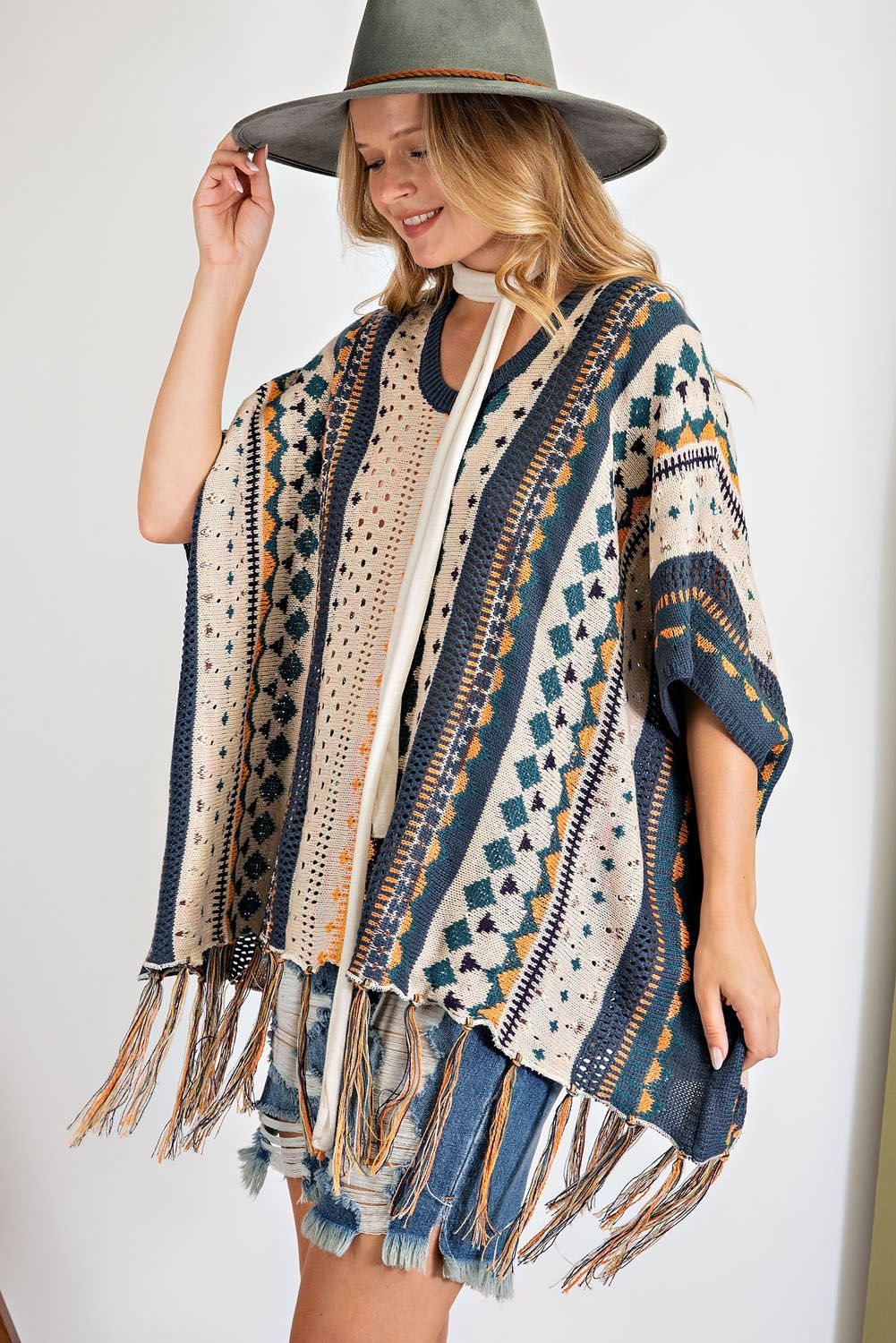 Been a while multi-color Knitted Poncho Sweater Ivy and Pearl Boutique
